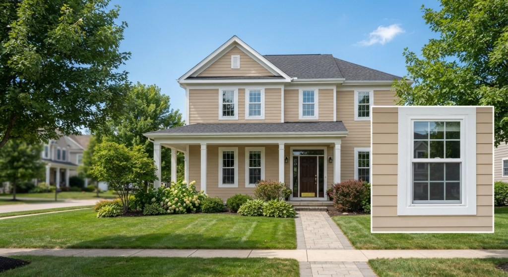 two-story American suburban home with brand-new white double-hung windows, bright natural daylight, front yard visible, wide-angle lens perspective.