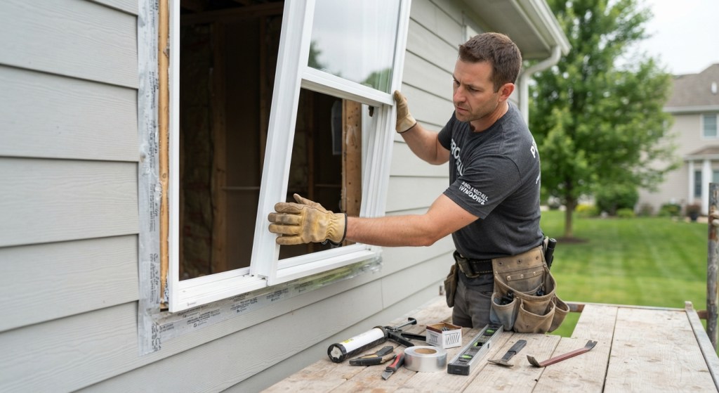 male contractor in work clothes carefully lowering a new white vinyl window into a rough opening, exterior wall, bright overcast daylight, eye-level camera angle.